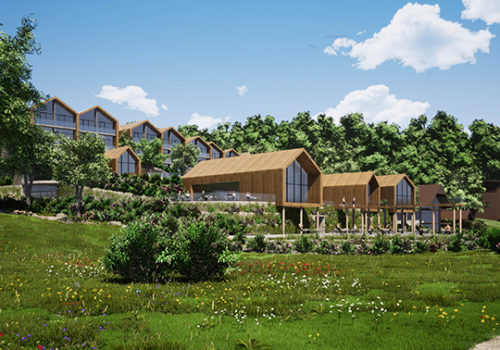 Blick auf das Pfahlbauten-Hoteldorf am Starnberger See von WSM Architekten